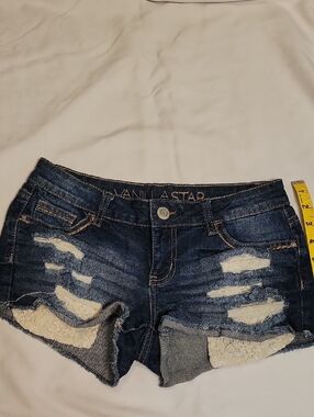 Vanilla Star Dark Blue Distressed Lace Pocket Denim Shorts